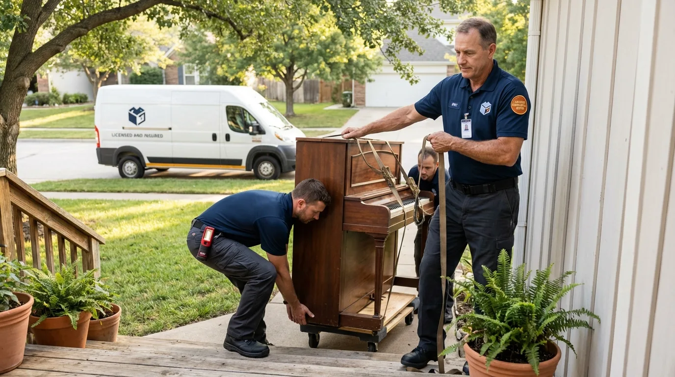 Licensed piano movers securing grand piano in Eagle, NE